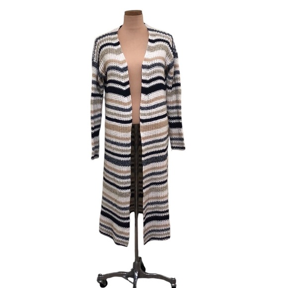 Francesca’s Collection Alya Duster Cardigan Sweater Size Medium White Tan Blue - Picture 1 of 10